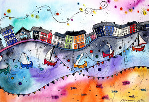 Aberaeron Rainbow Flags Mounted Print