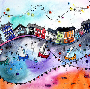 Aberaeron Rainbow Flags Mounted Print
