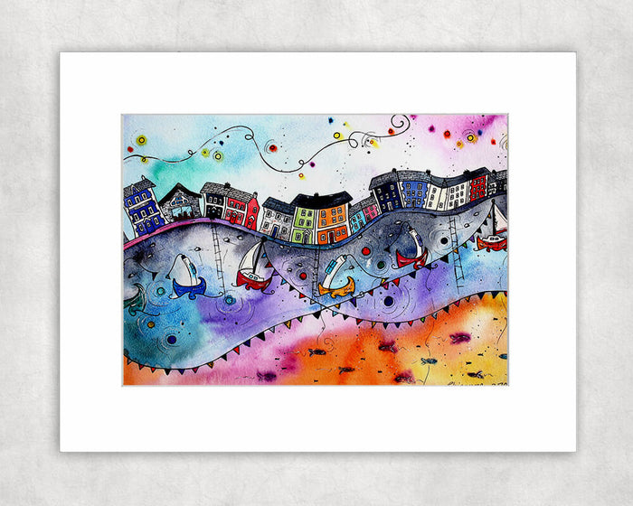 Aberaeron Rainbow Flags Mounted Print